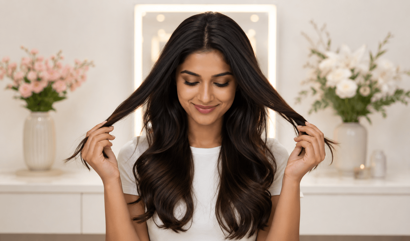 Beautiful Indian woman with styled hair at Blush & Bounce Salon